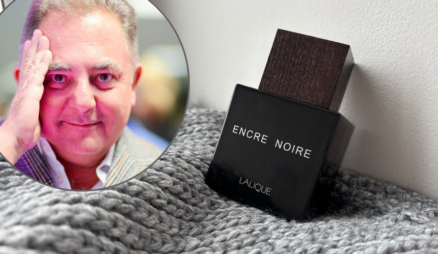 Flakon perfum Lalique Encre Noire i Robert Makłowicz