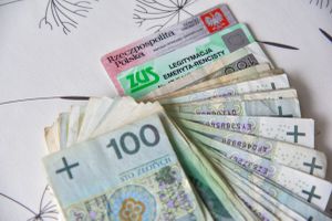 pieniądze, legitymacja emeryta i dowód osobisty