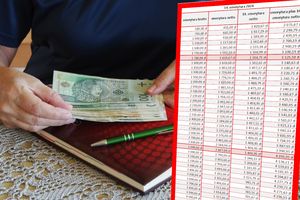 pieniądze liczone przez emerytkę i tabela wypłat 14. emerytury