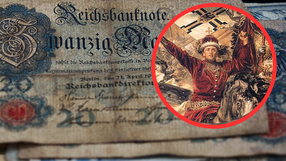 Reichsmark niemiecki i fragment obrazu "Bitwa pod Grunwaldem" w miniaturze