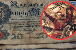 Reichsmark niemiecki i fragment obrazu "Bitwa pod Grunwaldem" w miniaturze