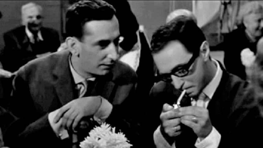 Gustaw Holoubek i Leopold Tyrmand w filmie Janusza Morgensterna "Jutro premiera", 1962