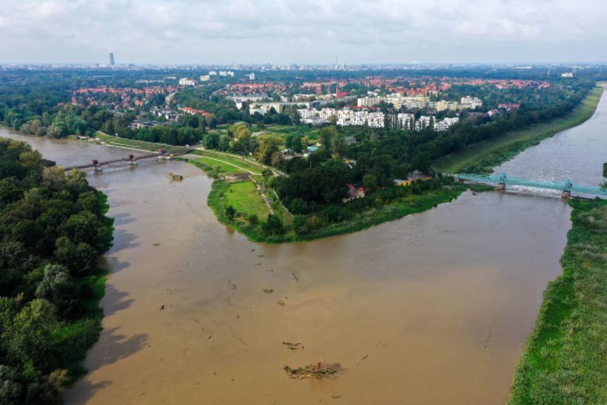 Wysoki stan wody w Odrze w okolicach Jazu Opatowickiego we Wrocławiu