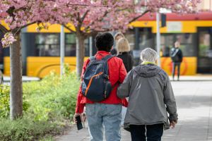 seniorzy idący po chodniku