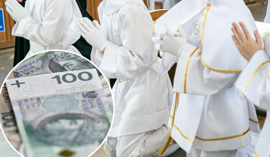 pierwsza komunia święta, dzieci klęczą, pieniądze 