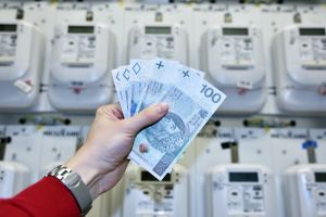 pieniądze trzymane w ręku przed licznikami energii elektrycznej