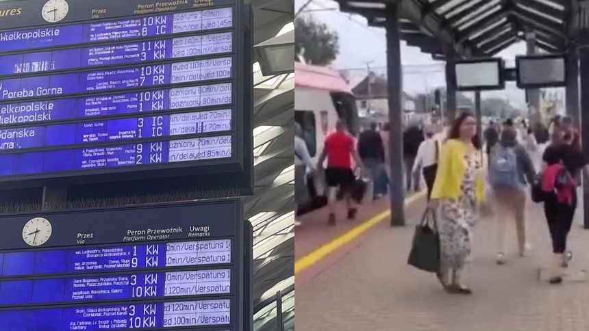 Tablica z opóźnieniami pociągów w Poznaniu i podróżni