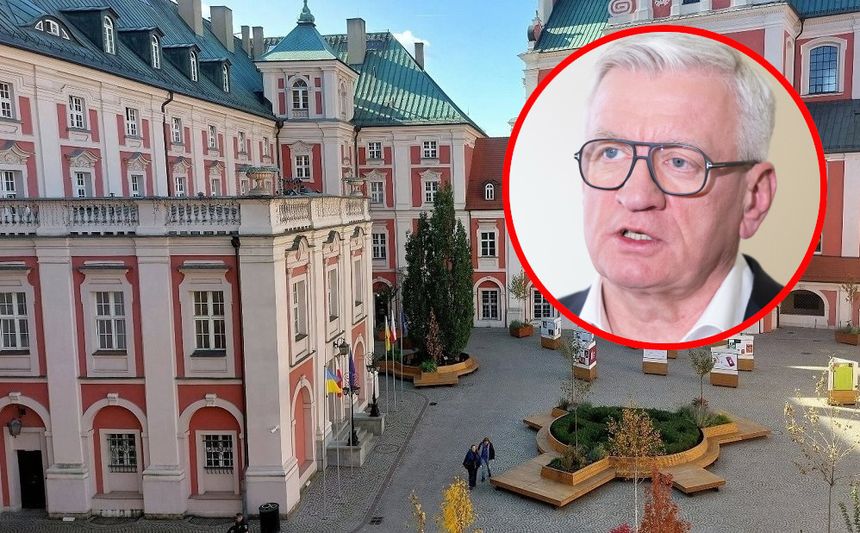 Budynek urzędu miasta w Poznaniu oraz twarz Jacka Jaśkowiaka