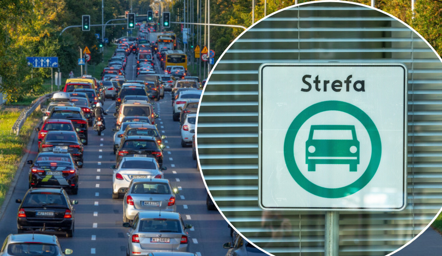 Korek uliczny i znak Strefy Czystego Transportu