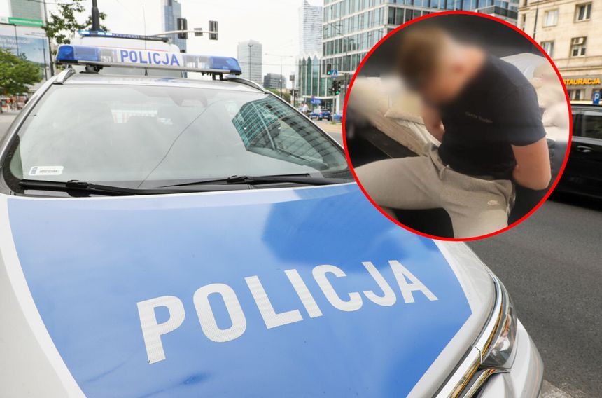 Policja i zatrzymany mężczyzna