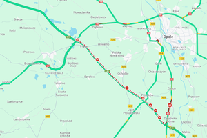 Mapa z zablokowaną autostradą A4
