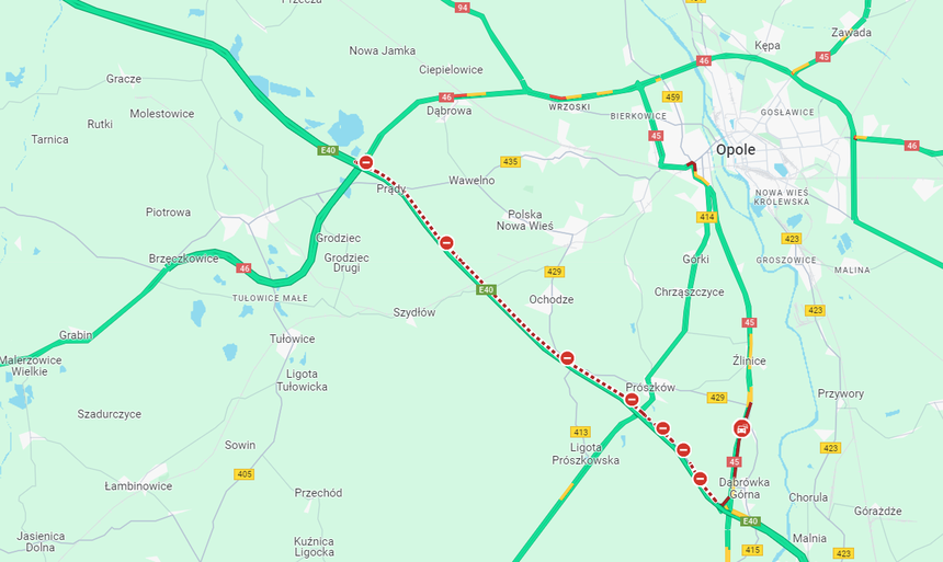 Mapa z zablokowaną autostradą A4