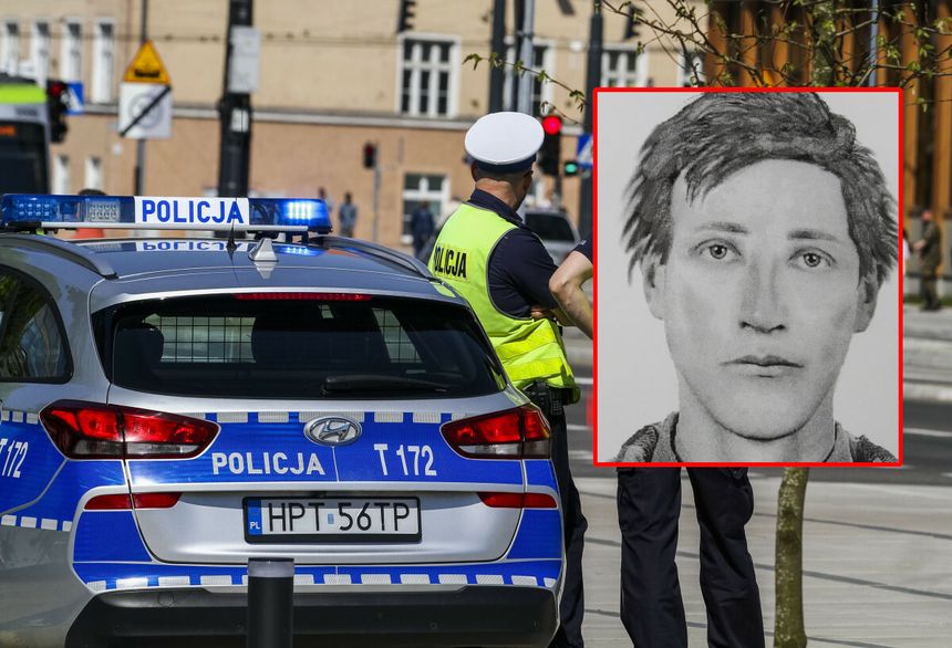 Policjanci i wizerunek poszukiwanego mężczyzny