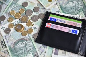 portfel z dokumentami leżący na pieniądzach