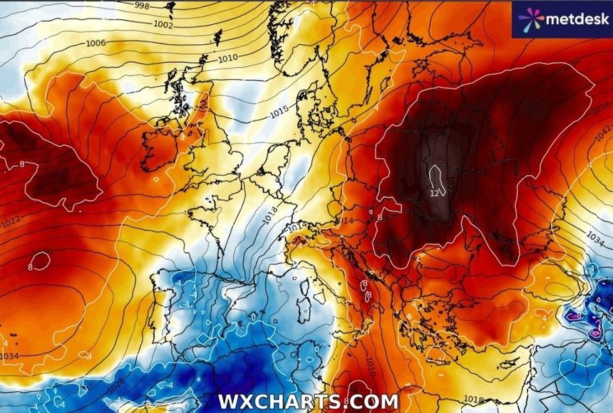 Anomalia temperatury w Europie według modelu GFS - prognoza na środę