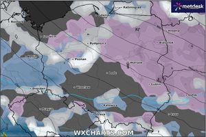 Mapa pokazuje opady deszczu i śniegu - prognoza do piątku do godz. 6