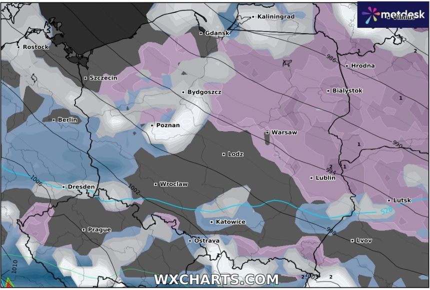 Mapa pokazuje opady deszczu i śniegu - prognoza do piątku do godz. 6