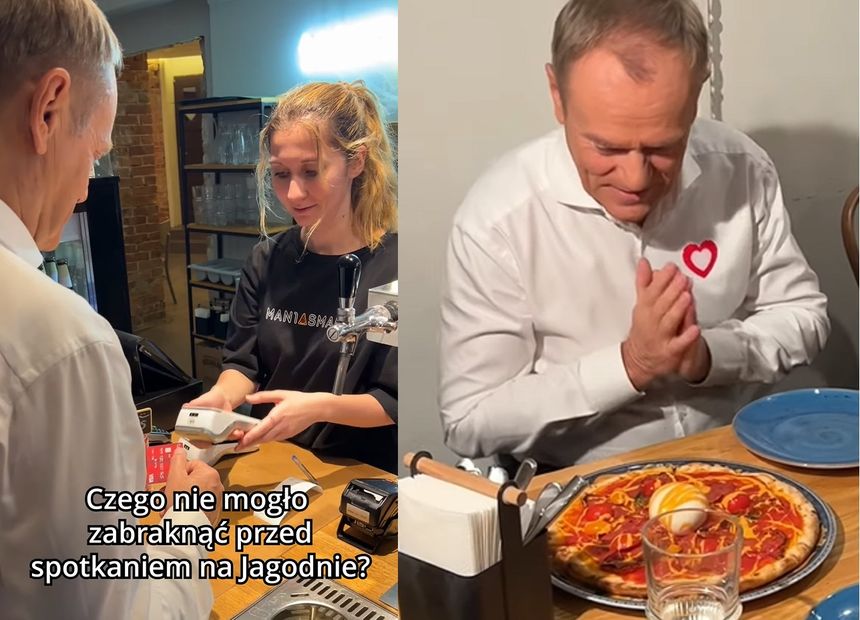 Donald Tusk kupujący pizzę