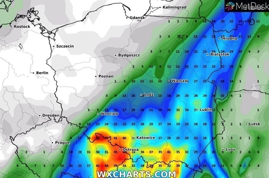 Mapa spodziewanej sumy opadów w czwartek