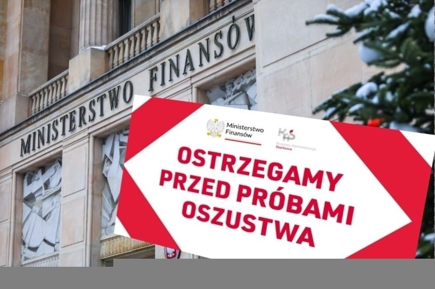 ostrzeżenie Ministerstwa Finansów na tle siedziby Ministerstwa Finansów