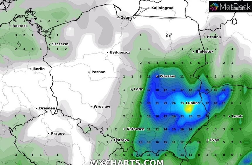Mapa prognozy sumy opadów atmosferycznych w czwartek o północy