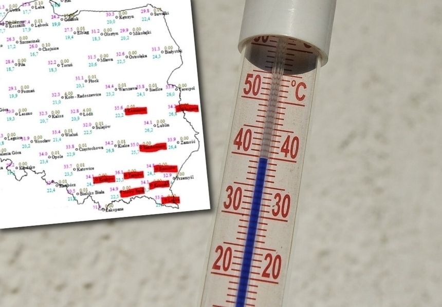 mapka z rekordami temperatur w polskich miastach