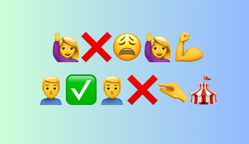 Ikonki: podnosząca rękę dziewczyna, stop, zmartwiona mina, dziewczyna, biceps, mężczyzna, ok, mężczyzna, stop, złączony palec wskazujący z kciukiem i stoisko
