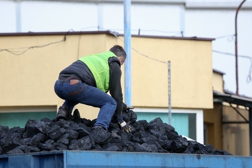 mężczyzna na przyczepie załadowanej węglem