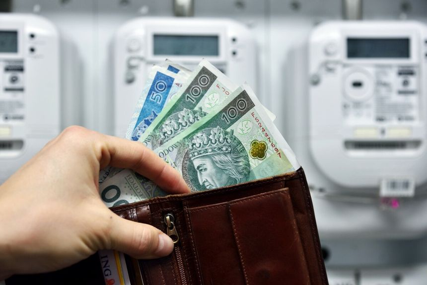 portfel z pieniędzmi na tle licznika energii