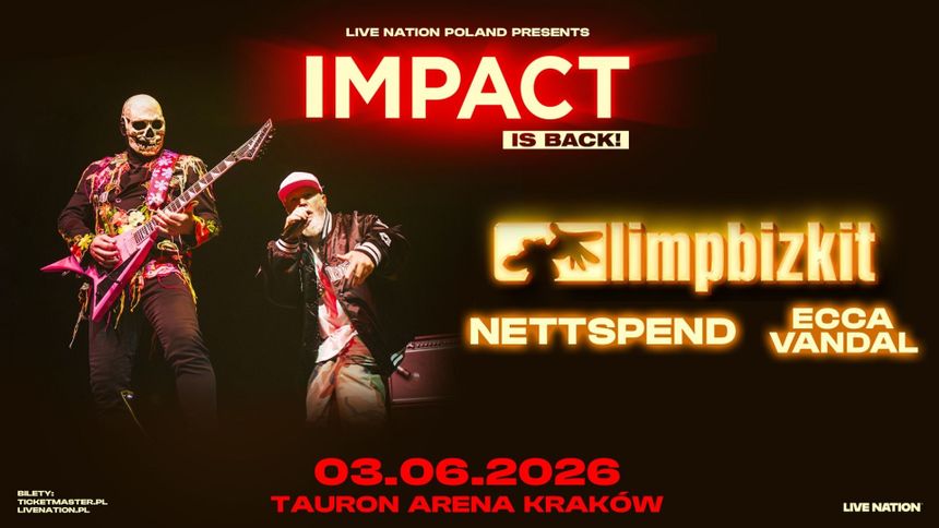 Na zdjęciu dwóch artystów na scenie, grają rock i hip-hop, promując koncert IMPACT.