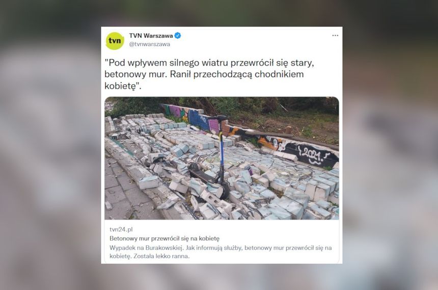 betonowy mur runął na kobietę