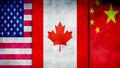 Trzy flagi: USA, Kanady oraz Chin na tle dymu. Symbolika globalnych relacji.
