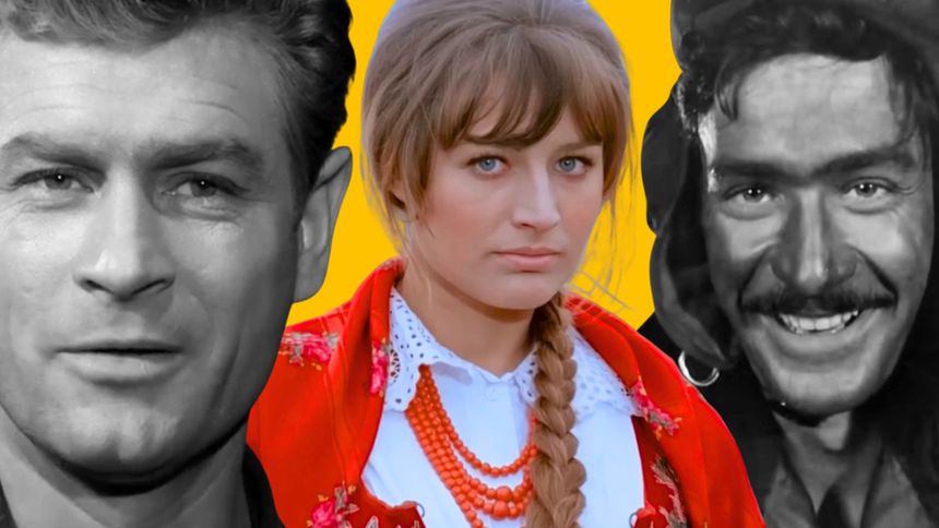 Trzy portrety: mężczyzna w garniturze, kobieta w czerwonej kiecce, mężczyzna w kapeluszu. Tło żółte.