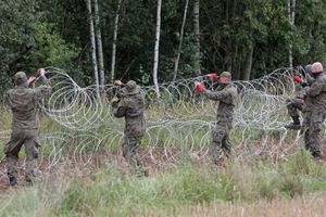 Montaż drutu kolczastego na granicy pomiędzy Polska i Białorusią