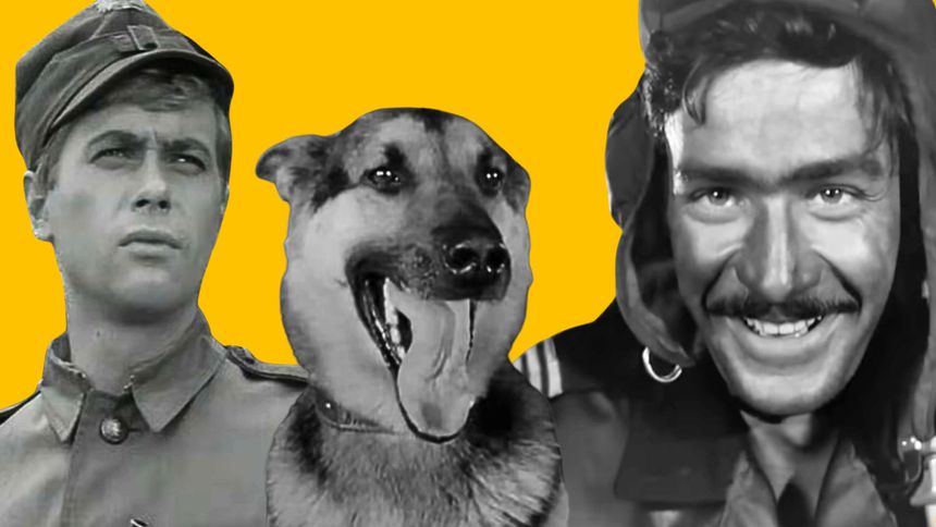 Dwóch mężczyzn w mundurach i pies, tle żółte. Ekspresje twarzy pełne emocji.