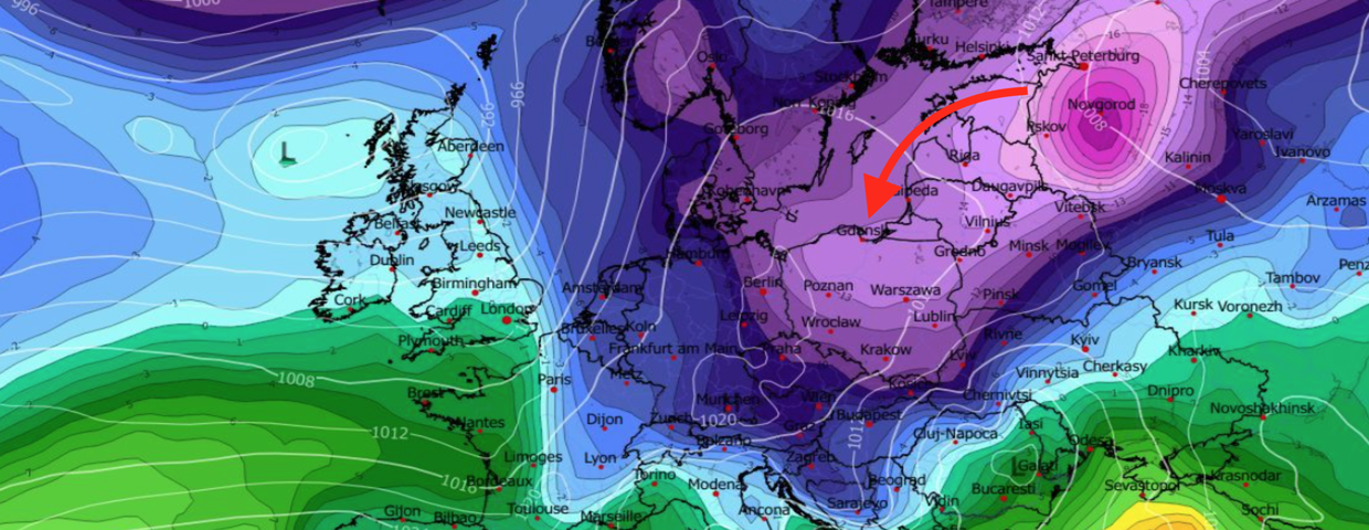 Temperatura na poziomie 850 hPa oraz ciśnienie zredukowane do poziomu morza (MSLP) 15.02