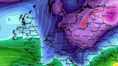 Temperatura na poziomie 850 hPa oraz ciśnienie zredukowane do poziomu morza (MSLP) 15.02