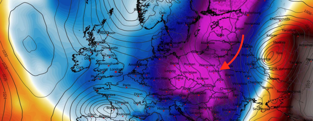 Anomalia temperatury na poziomie ciśnienia 850 hPa 22.02