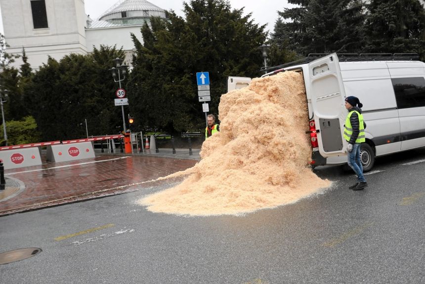 Furgonetka Greenpeace wysypuje trociny przed sejmem|undefined