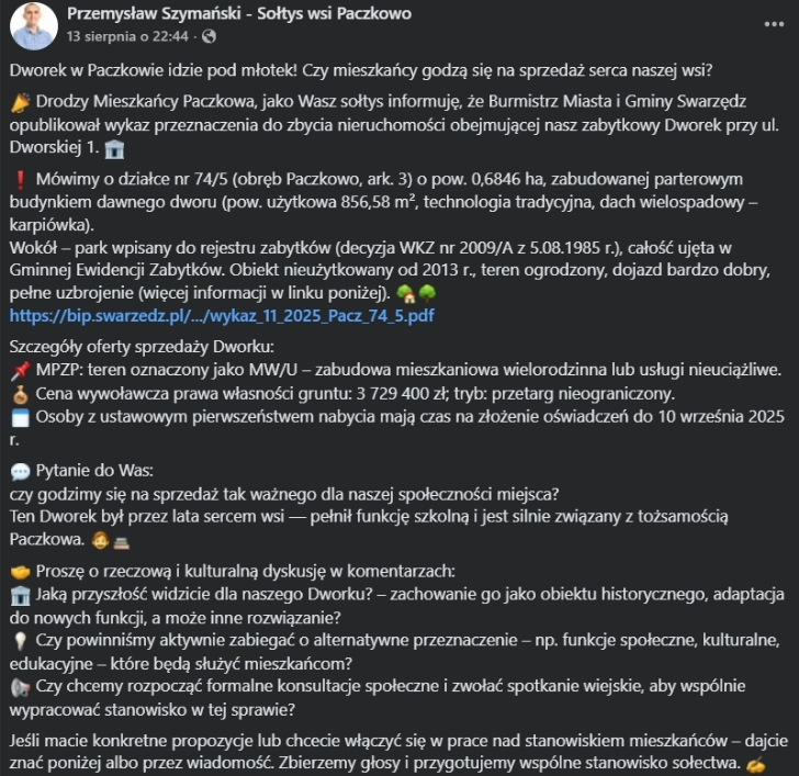 Wpis sołtysa wsi Paczkowo na Facebooku