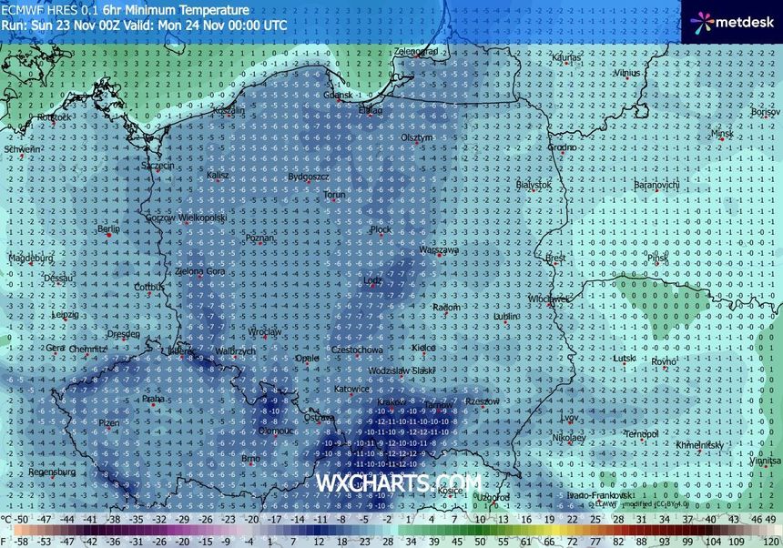 wxcharts.com/ Temperatura spodziewana w nocy z niedzieli na poniedziałek