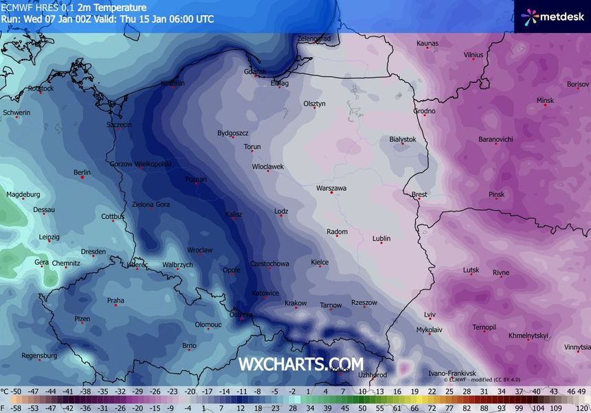 W przyszłym tygodniu temperatury bliskie -30 stopniom otrą się o Polskę/ wxcharts.com