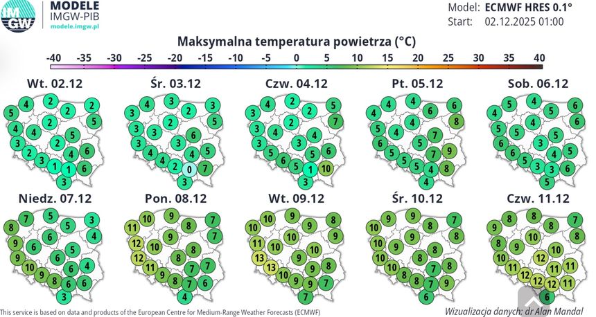średnie temperatury w Polsce w grudniu 2025
