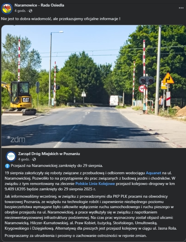 Wpis Rady Osiedla Naramowice na Facebooku
