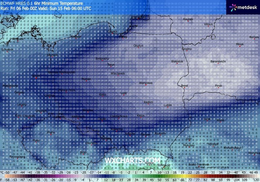 W prognozach na koniec przyszłego tygodnia - 14-15 lutego - widać powrót siarczystych mrozów/ Wxcharts.com