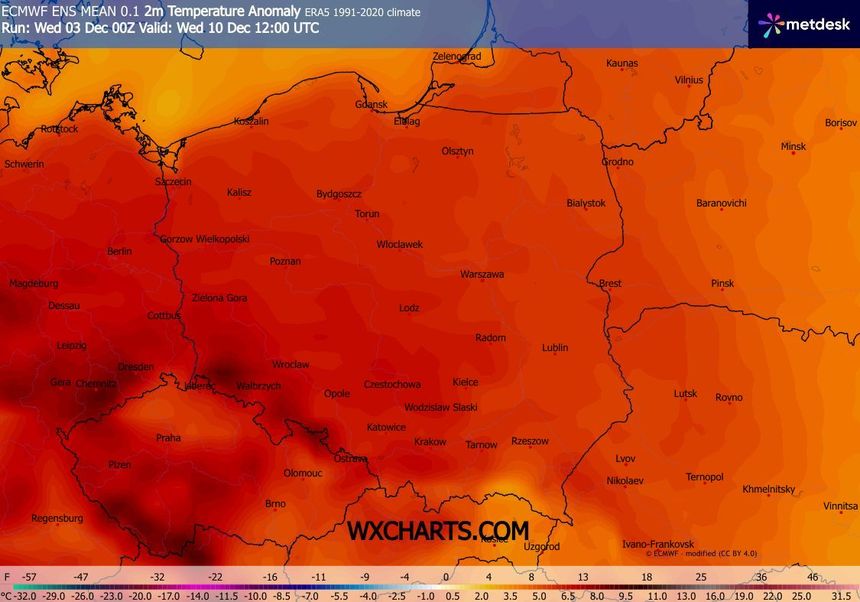 Prognozowana anomalia w temperaturze 10 grudnia/ wxcharts.com