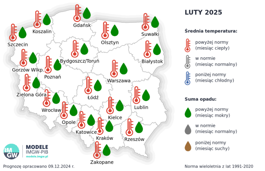Prognoza średniej miesięcznej temperatury powietrza i miesięcznej sumy opadów atmosferycznych na luty 2025 r.