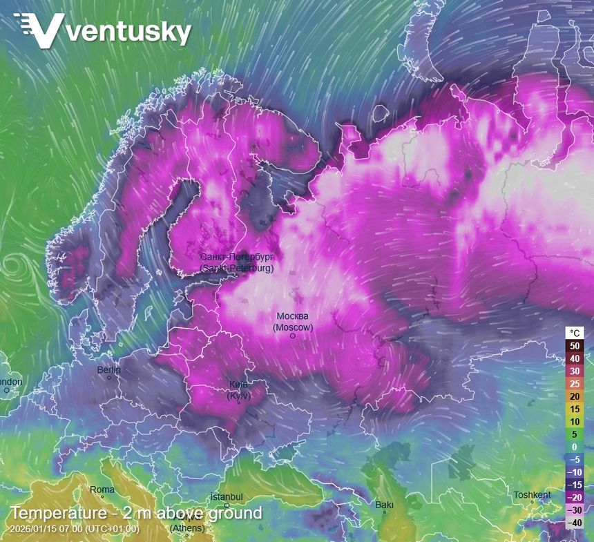 Potężna fala mrozu ze wschodu i północy może otrzeć się o Polskę/ Ventusky