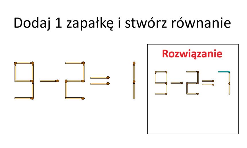 Dodaj jedną zapałkę i utwórz nowe równanie. Rozwiązanie