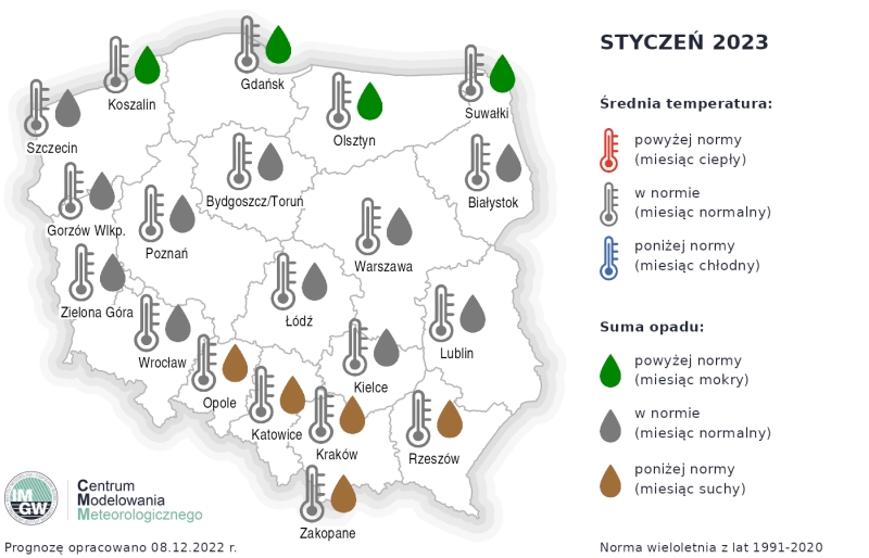 Średnia temperatura i suma opadów w styczniu